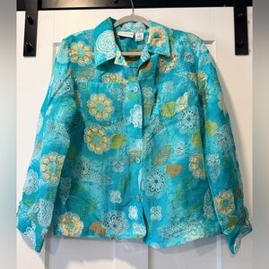 Vintage Alfred Dunner Turquoise Floral Button-Down Shirt Ladies Size 12